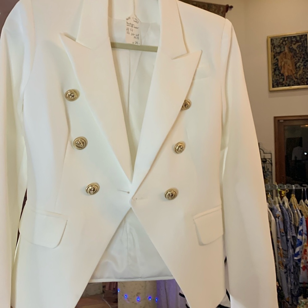 Classic White Double-Breasted Blazer with Gold Buttons